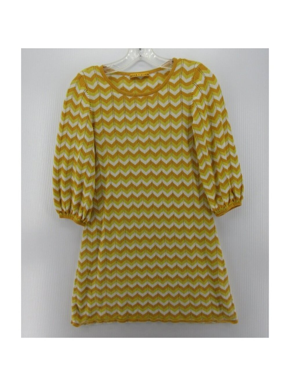 Alice Olivia Dress XS Sweater Mini Chevron Knit Puff Sleeve Cotton